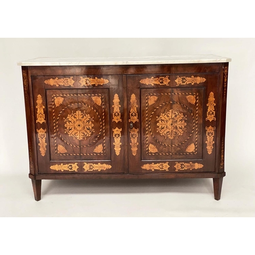 143 - DUTCH SIDE CABINET, late 18th century mahogany and satinwood marquetry with marble top, pair of pane... 