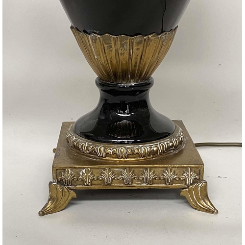 155 - TABLE LAMPS, a pair, black ceramic and gilt metal mounted of vase form with shades, 75cm H. (2)