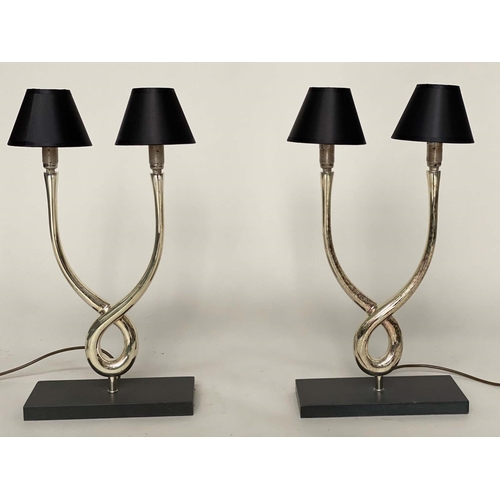 169 - PORTA ROMANA ORGANIC LOOP LAMPS, a pair, silvered organic form two branch, 60cm H. (2)