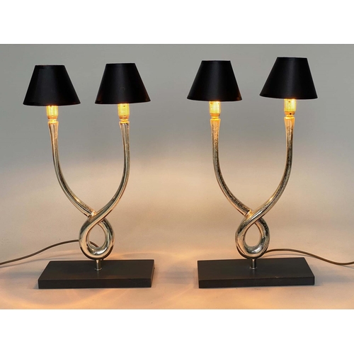 169 - PORTA ROMANA ORGANIC LOOP LAMPS, a pair, silvered organic form two branch, 60cm H. (2)