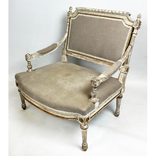 251 - LOW FAUTEUILS, 72cm H x 71cm W, a pair, late 19th/early 20th century French painted and gilt heighte... 