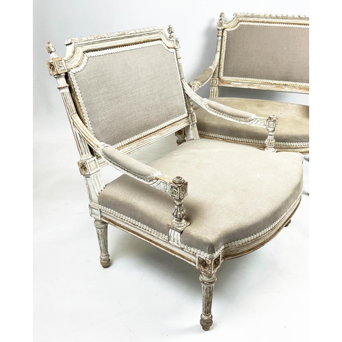 251 - LOW FAUTEUILS, 72cm H x 71cm W, a pair, late 19th/early 20th century French painted and gilt heighte... 