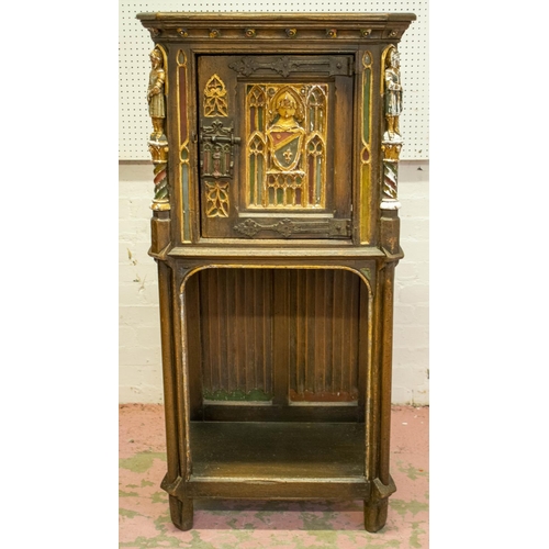 249 - CREDENCE, 135cm H x 65cm x 42cm, early 20th century Medieval style French oak, gilt and polychrome d... 