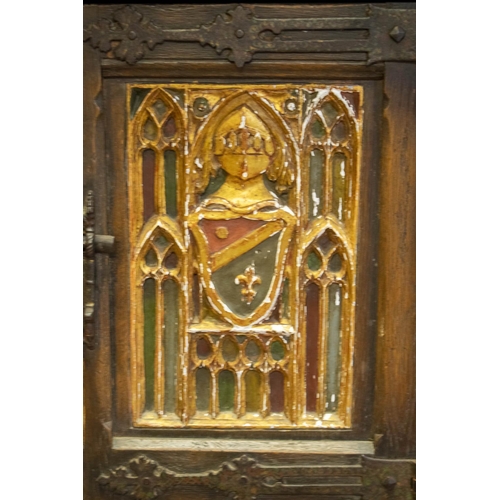 249 - CREDENCE, 135cm H x 65cm x 42cm, early 20th century Medieval style French oak, gilt and polychrome d... 