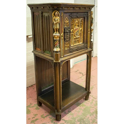 249 - CREDENCE, 135cm H x 65cm x 42cm, early 20th century Medieval style French oak, gilt and polychrome d... 