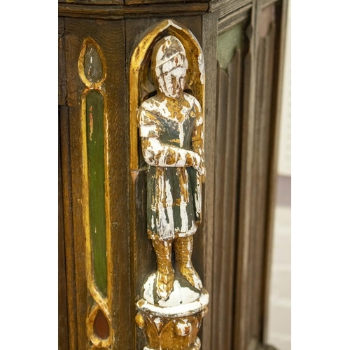 249 - CREDENCE, 135cm H x 65cm x 42cm, early 20th century Medieval style French oak, gilt and polychrome d... 