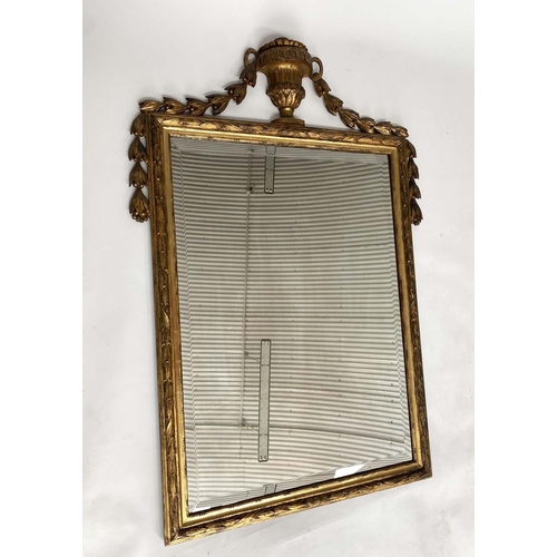 168 - WALL MIRROR, French 19th century Louis XVI style carved giltwood with urn crest, bell husk swags and... 