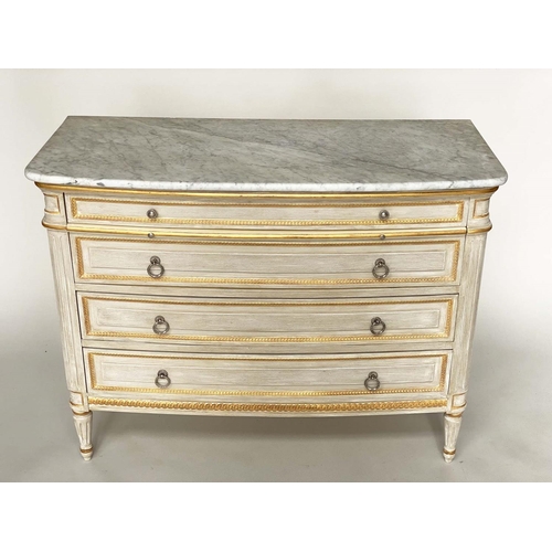 174 - BOWFRONT COMMODE, French Louis XVI style grey painted and parcel gilt with four long drawers, marble... 