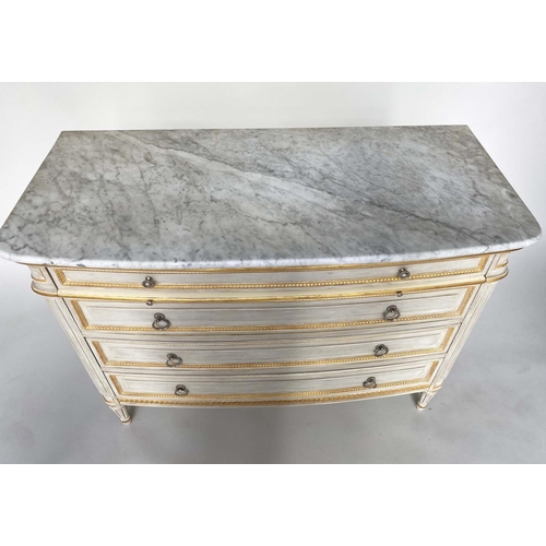 174 - BOWFRONT COMMODE, French Louis XVI style grey painted and parcel gilt with four long drawers, marble... 