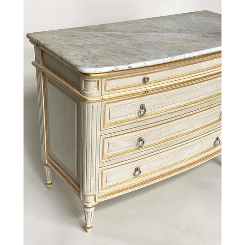 174 - BOWFRONT COMMODE, French Louis XVI style grey painted and parcel gilt with four long drawers, marble... 