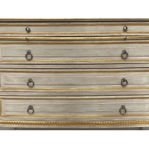 174 - BOWFRONT COMMODE, French Louis XVI style grey painted and parcel gilt with four long drawers, marble... 