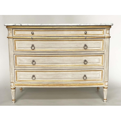 174 - BOWFRONT COMMODE, French Louis XVI style grey painted and parcel gilt with four long drawers, marble... 