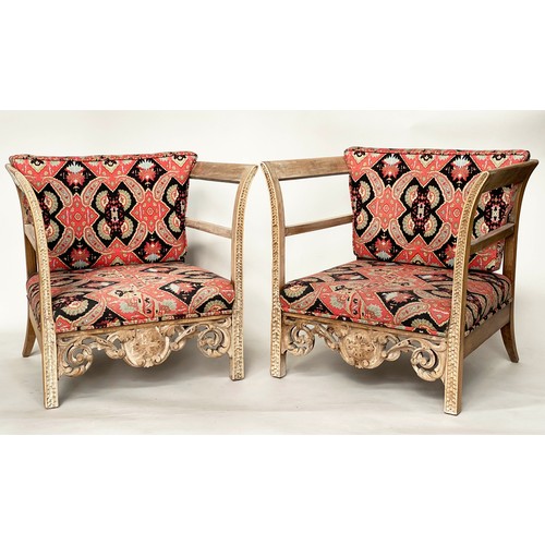 171 - 'KELIM' ARMCHAIRS, a pair, early 20th century fruitwood framed with kelim weave upholstery and carve... 