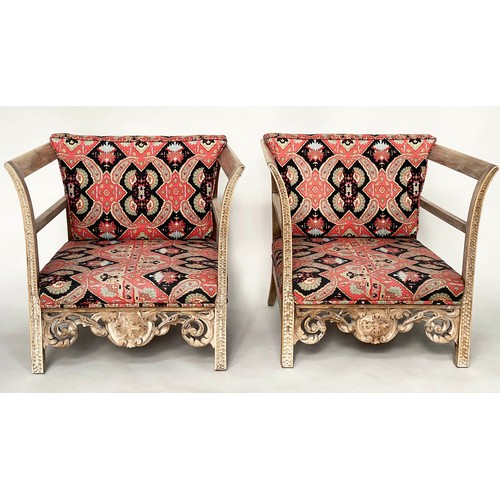 171 - 'KELIM' ARMCHAIRS, a pair, early 20th century fruitwood framed with kelim weave upholstery and carve... 