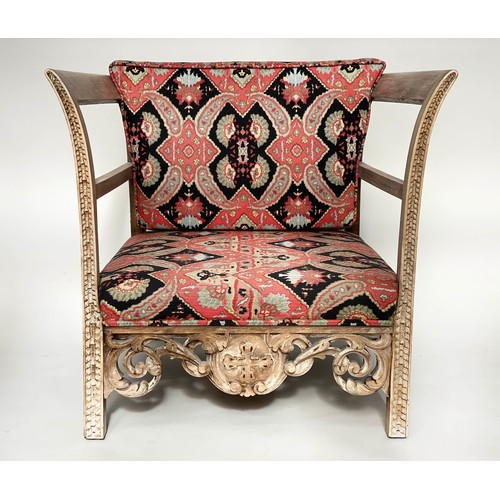 171 - 'KELIM' ARMCHAIRS, a pair, early 20th century fruitwood framed with kelim weave upholstery and carve... 