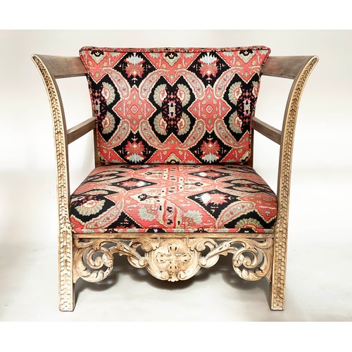 171 - 'KELIM' ARMCHAIRS, a pair, early 20th century fruitwood framed with kelim weave upholstery and carve... 