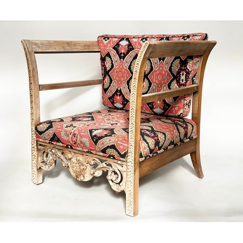 171 - 'KELIM' ARMCHAIRS, a pair, early 20th century fruitwood framed with kelim weave upholstery and carve... 