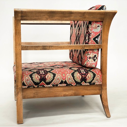 171 - 'KELIM' ARMCHAIRS, a pair, early 20th century fruitwood framed with kelim weave upholstery and carve... 