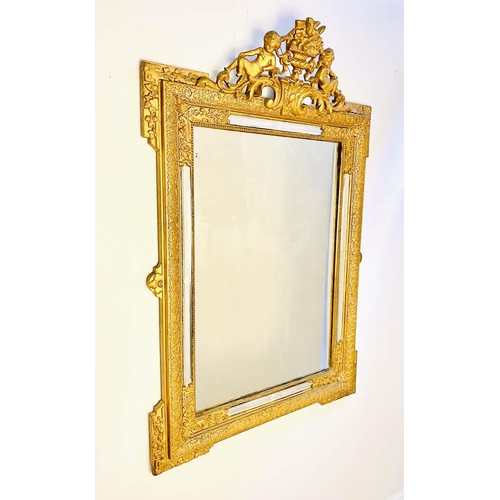 264 - WALL MIRROR, 135cm H x 85cm W, late 19th century French giltwood and gesso with cherub and urn crest... 