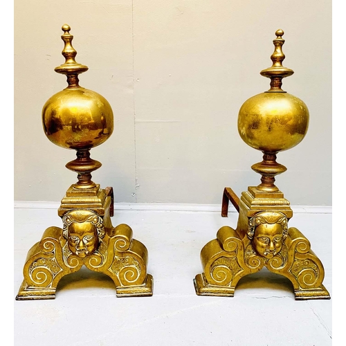 265 - FIRE DOGS, 51cm H x 27cm W x 47cm D, a pair, Georgian brass and iron. (2)