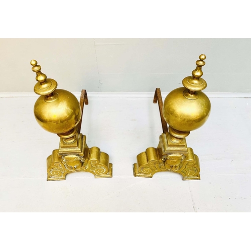 265 - FIRE DOGS, 51cm H x 27cm W x 47cm D, a pair, Georgian brass and iron. (2)