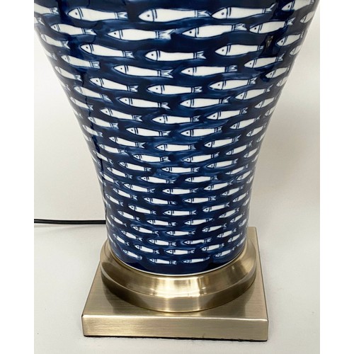 142 - TABLE LAMPS, a pair, ceramic blue and white myriad fish pattern of tapering form with shades, 75cm. ... 