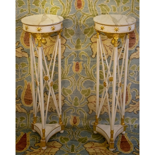 263 - TORCHERES, 110cm H x 32cm D, a pair 20th century Italian white painted and parcel gilt with circular... 