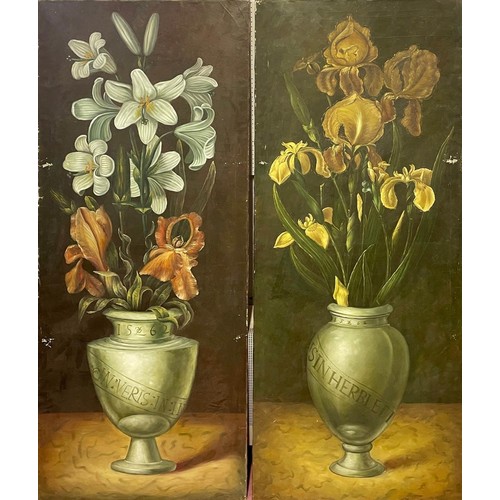 443 - 17th CENTURY MANNER, Flowers in Classical Vases, oil on canvas, 200cm x 80cm each. (2)