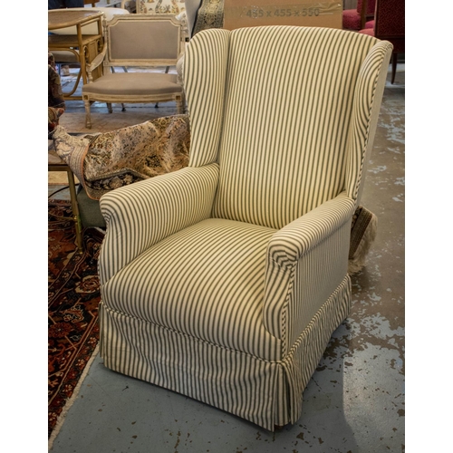 182 - WING ARMCHAIR, 98cm H x 68cm, green ticking upholstered.