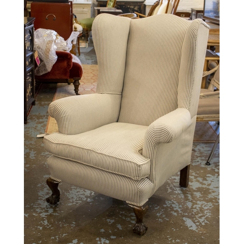 180 - WING ARMCHAIR, 106cm H x 83cm, Georgian style in new ticking fabric.