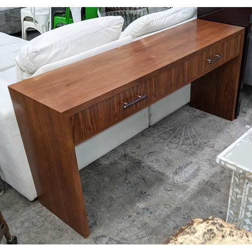 317 - CONSOLE TABLE, contemporary design, two drawers, leathered handles, 150cm x 40cm x 72cm.