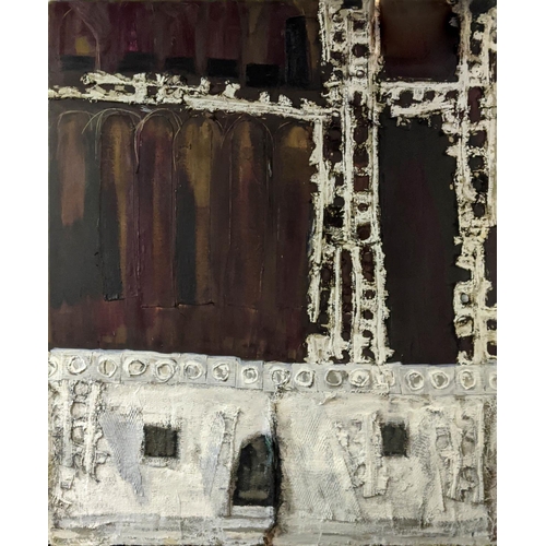 59 - GINETTE FIANDACA, 'Building Bridges', oil on canvas, with mixed meda, 152cm x 121cm.