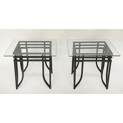 332 - SIDE TABLES, a pair, Art Deco style rectangular bevelled and chamferred glass on triple stretchered ... 