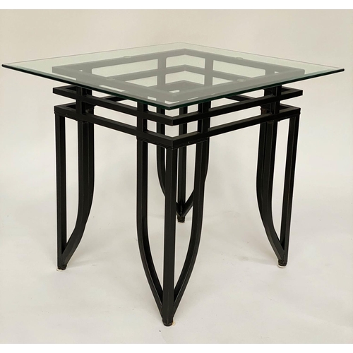 332 - SIDE TABLES, a pair, Art Deco style rectangular bevelled and chamferred glass on triple stretchered ... 