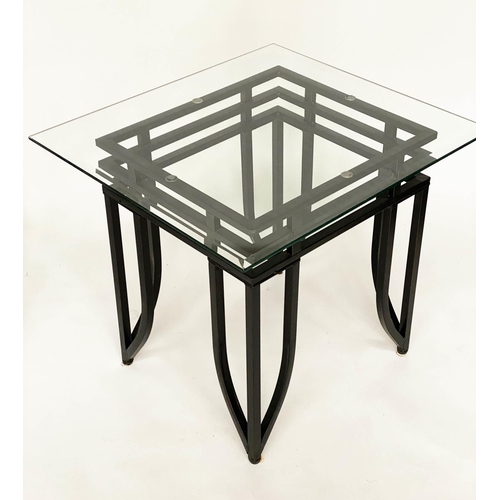 332 - SIDE TABLES, a pair, Art Deco style rectangular bevelled and chamferred glass on triple stretchered ... 