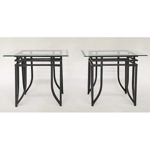 332 - SIDE TABLES, a pair, Art Deco style rectangular bevelled and chamferred glass on triple stretchered ... 