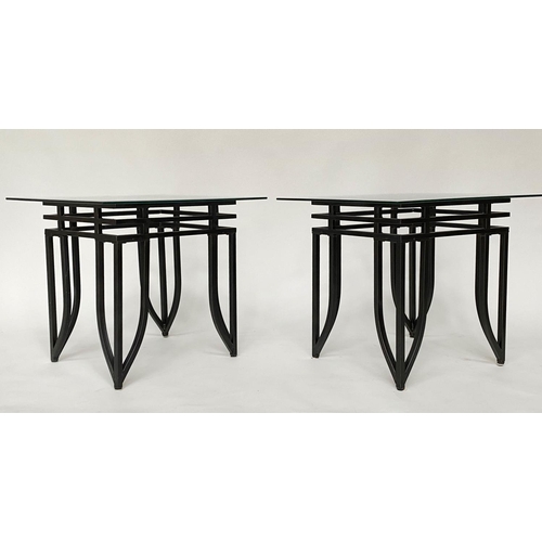 332 - SIDE TABLES, a pair, Art Deco style rectangular bevelled and chamferred glass on triple stretchered ... 