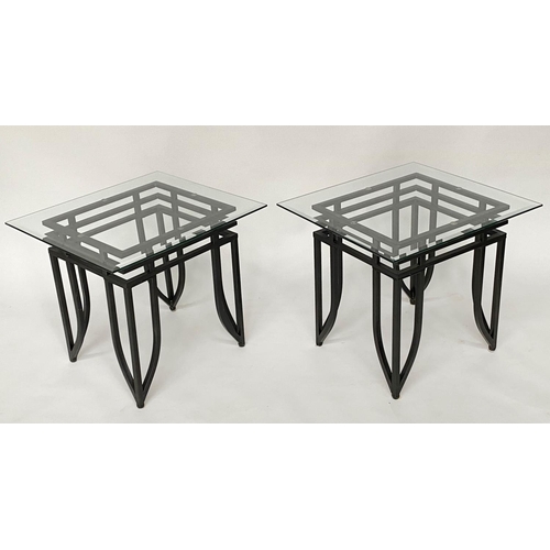 332 - SIDE TABLES, a pair, Art Deco style rectangular bevelled and chamferred glass on triple stretchered ... 