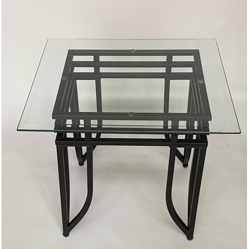 332 - SIDE TABLES, a pair, Art Deco style rectangular bevelled and chamferred glass on triple stretchered ... 