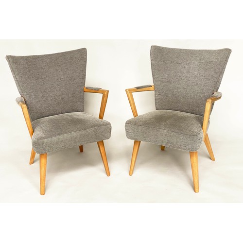 335 - ARMCHAIRS, a pair, 1970s beech framed and grey weave upholstered with angular arms and splay support... 