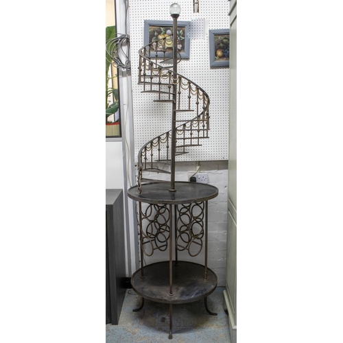 324 - WINE RACK, 213cm H x 61cm, metal and glass of spiral staircase design with twelve bottle holders bel... 