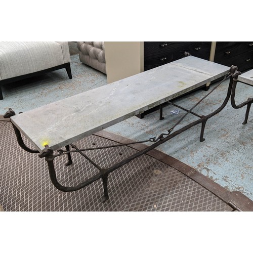 588 - GIACOMETTI STYLE LOW TABLE, bronzed metal stone top, 141cm x 45cm x 50cm.