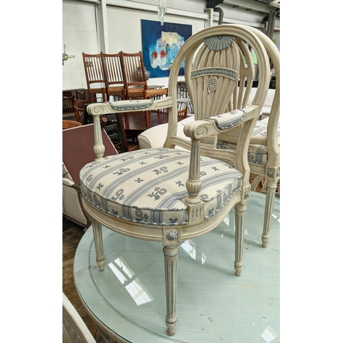 306 - DINING SET, including circular table, 78cm x 126cm, with a lattice frieze in a distressed painted fi... 