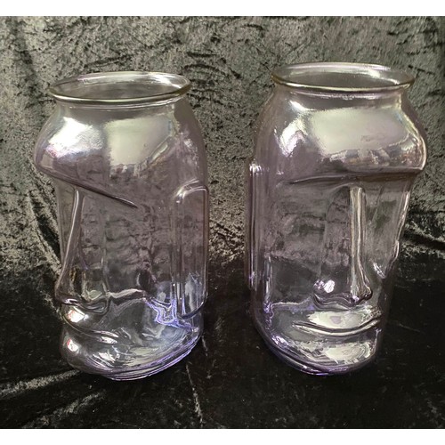 518 - RAPS NUI STYLE VASES, a set of four, two in lilac tinted glass, and two in green tinted glass, 35cm ... 