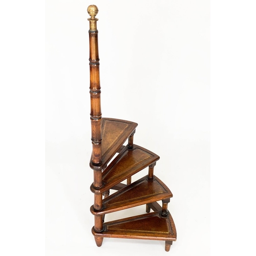 114 - LIBRARY STEPS, a set Georgian style mahogany with four gilt tooled leather trimmed treads and carryi... 