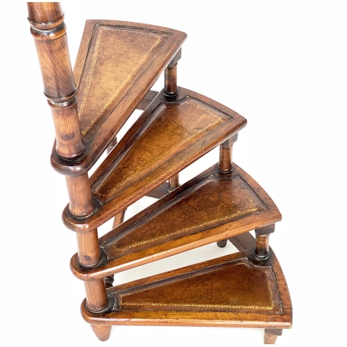 114 - LIBRARY STEPS, a set Georgian style mahogany with four gilt tooled leather trimmed treads and carryi... 