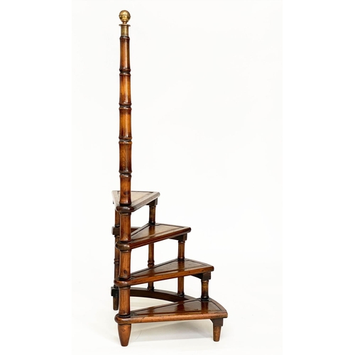 114 - LIBRARY STEPS, a set Georgian style mahogany with four gilt tooled leather trimmed treads and carryi... 