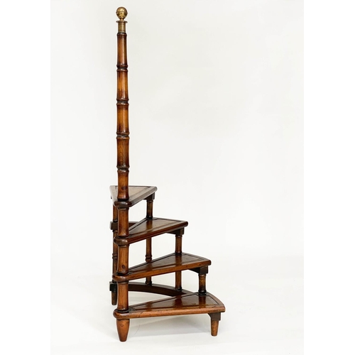 114 - LIBRARY STEPS, a set Georgian style mahogany with four gilt tooled leather trimmed treads and carryi... 