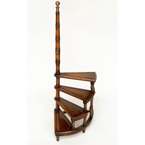 114 - LIBRARY STEPS, a set Georgian style mahogany with four gilt tooled leather trimmed treads and carryi... 