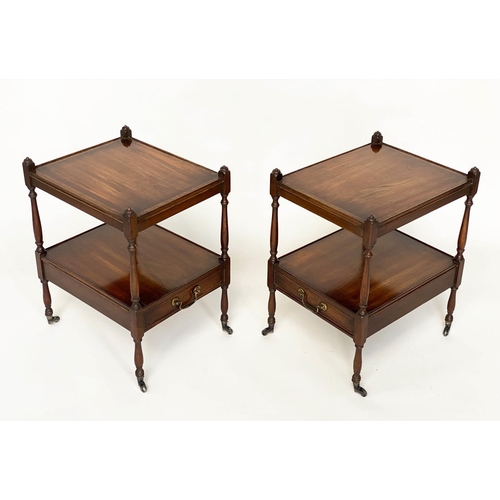 116 - LAMP TABLES, a pair, George III design mahogany and crossbanded each with two tiers and drawer, 47cm... 